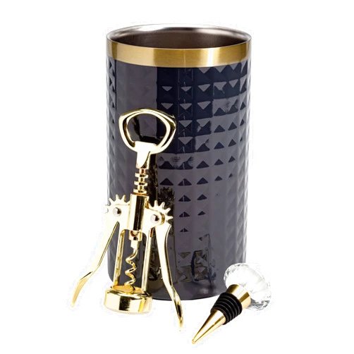 Paris Hilton Wine Bottle Chiller Set, Insulated Double Wall Chiller, Gold Winged Corkscrew Wine Bottle Opener, Diamond Wine Stopper, 3-Piece Set, Charcoal Gray