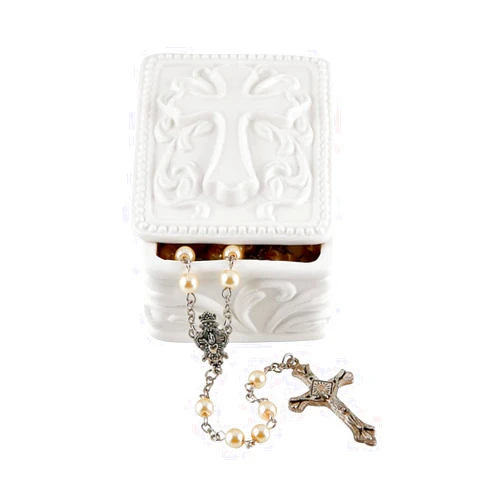 Autom White Porcelain Cross Rosary Jewelry Box (Rectangle)