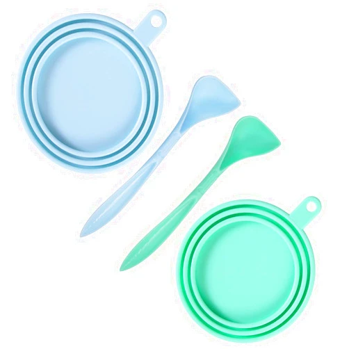 SLSON 2 Pack Pet Food Can Cover Universal Silicone Cat Dog Food Can Lids 1 Fit 3 Standard Size Can Tops with 2 Spoons,Light Blue and Green