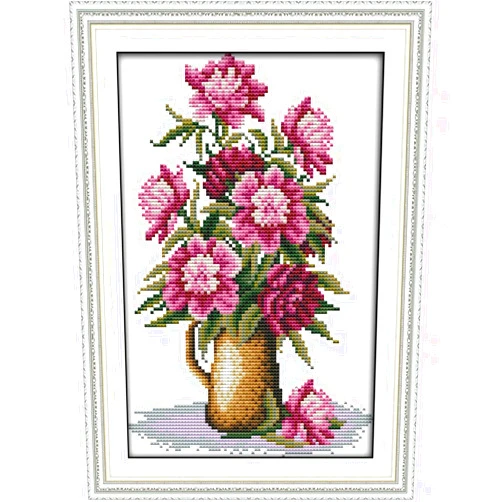 ITSTITCH Stamped Cross Stitch Kits for Beginners Full Range of Cross Stitching Preprinted Pattern for Kids or Adults, 11CT DIY Embroidery Needlepoint Starter Kits-Pink Flower，9.5×14.6 inch