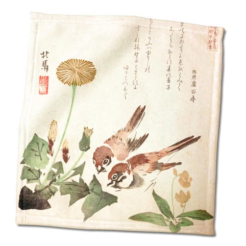 3dRose 11x12 Wash Cloth for Face and Body - Japanese Vintage Art Sparrow Birds and Dandelion Flowers Beige Green Vintage Art