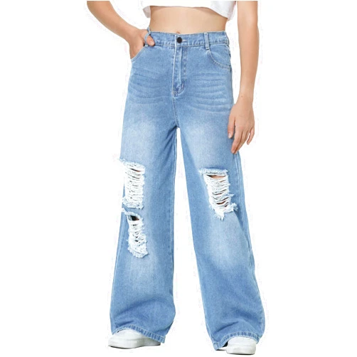 EXARUS Girls Jeans Pants Wide Leg/Flare/Skinny Denim Pant Ripped High Waist Elastic Band Casual with Pockets Kids 6-14Y
