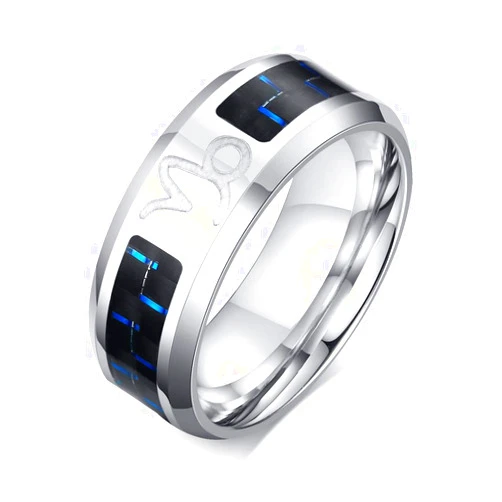 PJ Jewelry Mens 8mm Stainless Steel Carbon Fiber Inlay 12 Constellations Zodiac Sign Wedding Band Ring