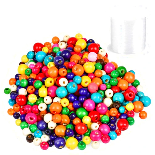 WOWOSS 1000 Pcs Colorful Wooden Beads, 500x8mm + 200x10mm + 200x12mm + 100x14mm, 10 Colors, Colored Wood Beads for Crafts, Jewelry Making, Bracelets, with 164 Ft Elastic Stretchy Bracelet String Cord