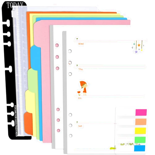 Rancco A5 Planner Inserts Weekly Planner Refills, 90 Pages Colorful 6-Ring Loose-leaf Paper Binder Inserts w/Divider, PVC Pouch, Ruler, Index Tab for Journal, Filofax, Double-sided, Undated, 8.3x5.6