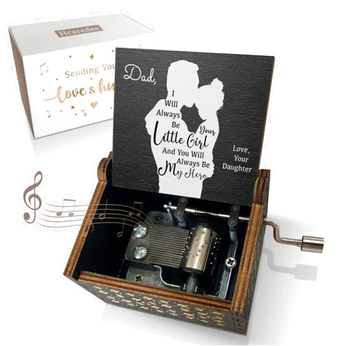 Hcaredee Wooden Music Box for Dad from Daughter,I Will Always be Your Lovely Girl Hand Crank Musical Boxes,My Hero Dad,Gifts for Daddy on Birthday Christmas Father's Day Deployment -Black