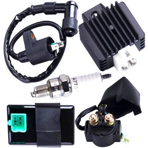 CNCMOTOK Ignition Coil 5-PIN CDI Box Solenoid 4-PIN Relay Voltage Regulator Spark Plug Kit for 50cc 70cc 90cc 110cc 125cc ATV Chinese Go Kart Dirt Bike Pit Bike TaoTao Moped Scooter