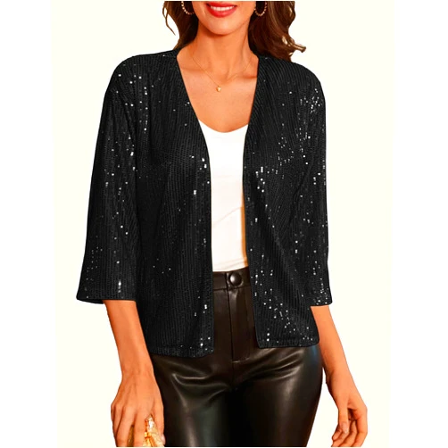 GRACE KARIN 2024 Women's 3/4 Sleeve Sequin Jackets Open Front Sequin Cardigan Sweaters Blazer S-2XL