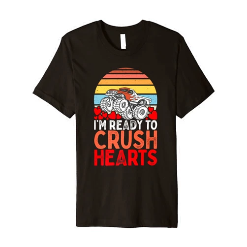 Funny Valentines Day Men Women Kids Gifts Ready To Crush Hearts Monster Truck Toddler Boys Valentine Premium T-Shirt