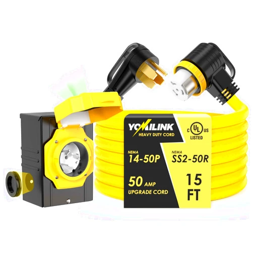 YOMILINK 50 Amp 15 Feet Generator Cord with Inlet Box Kit, Heavy Duty 6/3+8/1 AWG STW Wire, NEMA 14-50P to SS2-50R Twist Locking, Newly Designed 90 Degree Grip Handle for Generator to House