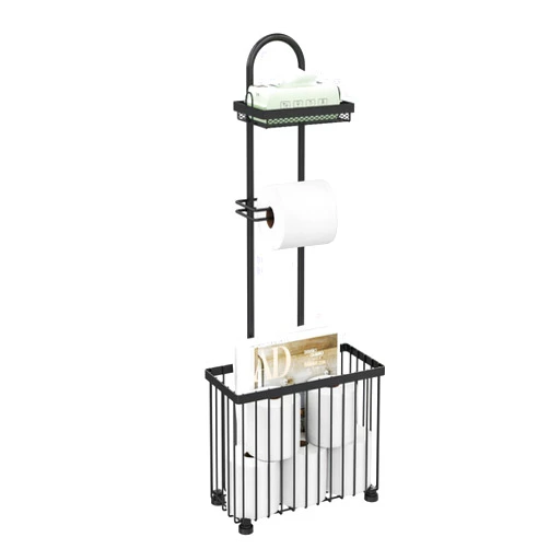 X-cosrack Freestanding Toilet Paper Holder Toilet Tissue Rack Scroll Stand Roll Dispenser with Storage Shelf Reserve for Phone Tablet Magazine Bathroom Organizer Bath Tissue Organizer (Black)