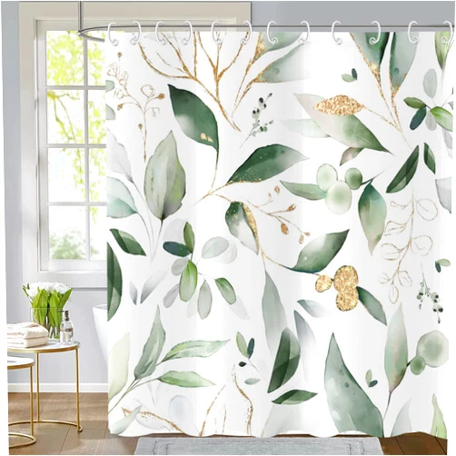GCIREC Green and Gold Leaf Shower Curtain, Sage Eucalyptus Leaves with Gold Branches Botanical Plants Fabric Bathroom Curtain Home Decor Waterproof Washable 12 Hooks, 72