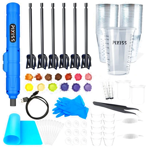Pixiss Premium Resin Mixer, Handheld Rechargeable Epoxy Mixer, Epoxy Resin Mixer Pro Grade, Resin Stirrer for Resin, DIY Crafts Tumbler, Minimize Bubbles - Ultimate Resin Mixer Kit with 15 Mica Powder