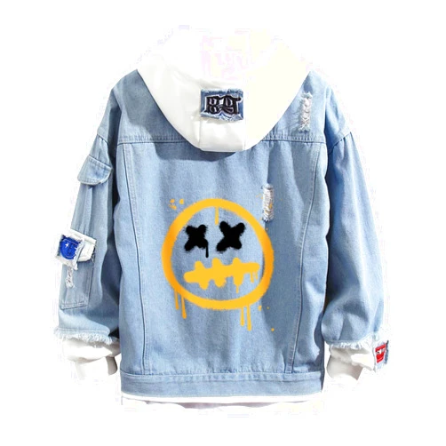 ABOHO Painted Smiling Face Denim Jacket Cartoon Hoodie Button Down Outwear Jeans Coat Hoodie for Men Women