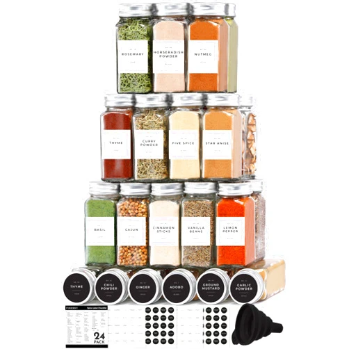 FINESSY 24 Clear Glass Spice Jars with Label 4oz Minimalist Empty Seasoning Bottles with Shaker Lids Set, Spice Containers with Labels Clear Seasoning Organizer, Seasoning Containers with Labels