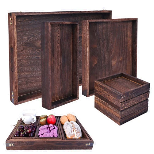 HooHcc Wood Serving Tray with Handles, Set of 7 Rectangular Wooden Nesting Multipurpose Trays, Decorative Serving Trays Platter for Breakfast in Bed, Lunch, Dinner, Patio, Ottoman, Coffee Table, Party