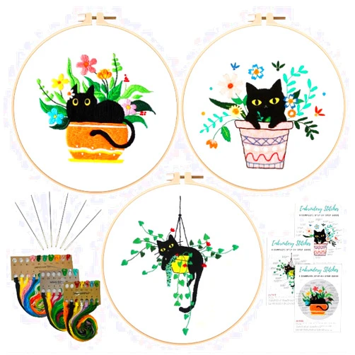 Nuberlic 3 Sets Cute Cat Embroidery Kit for Adults Beginners, Stamped Cross Stitch Starter Kits Include Needlepoint Cloth Hoops Needles Threads and Instruction