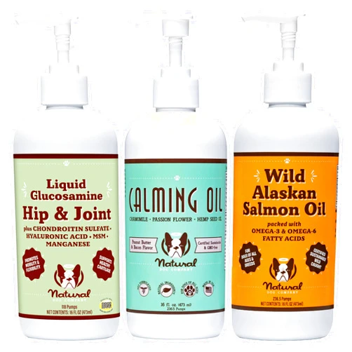 Natural Dog Company Wellness Bundle Food Oil Toppers Including (1) Wild Alaskan Salmon Oil, (1) Liquid Glucosamine, (1) Calming Oil