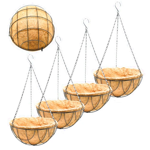 EIMQUVW Outdoor Metal Hanging Planters Basket (4pack, 12 inch) Hanging Baskets for Plants Chain Round Wire Plant Holder with Coco Fiber Liners for Garden, Patio, Deck, Porch(Grid)