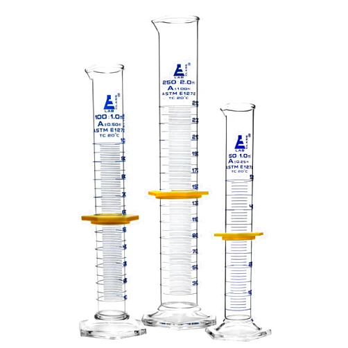 EISCO Premium Graduated Cylinder Set - 50mL, 100mL & 250mL - ASTM, Class A - Protective Collars, Hexagonal Base - Blue Graduations - Borosilicate 3.3 Glass