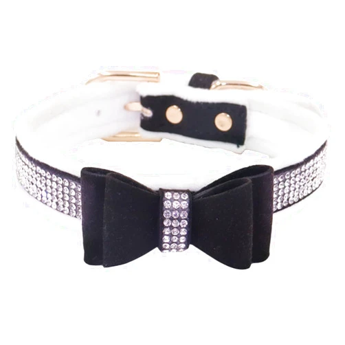 WDPAWS Rhinestones Warm Velvet Padded Cat Dog Collar - Full Crystal Diamond Bling Cute Girl Collars with Bow Tie for Cat Kitten Puppy Small Dogs (S, Black)