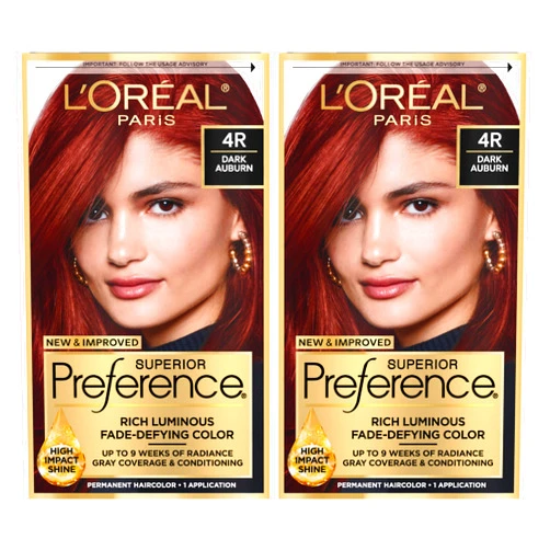 Loreal Paris L'Oreal Paris Superior Preference Luminous Fade-Defying Permanent Hair Color, Hair Dye For Up to 9 Weeks of Radiance, Dark Auburn 4R, 1 Hair Dye Kit (Pack of 2)