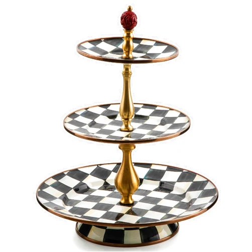 MACKENZIE-CHILDS Enamel Three-Tier Sweet Stand, Three-Tiered Serving-Tray Stand, Party Food Display, Black-and-White Courtly Check
