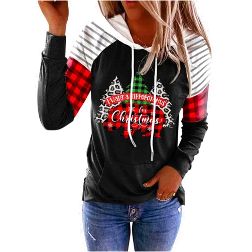 SECETKET Merry Christmas Sweatshirt Women Buffalo Plaid Tree Striped Splicing Hoodie Blouse Color Block Plaid Xmas Top
