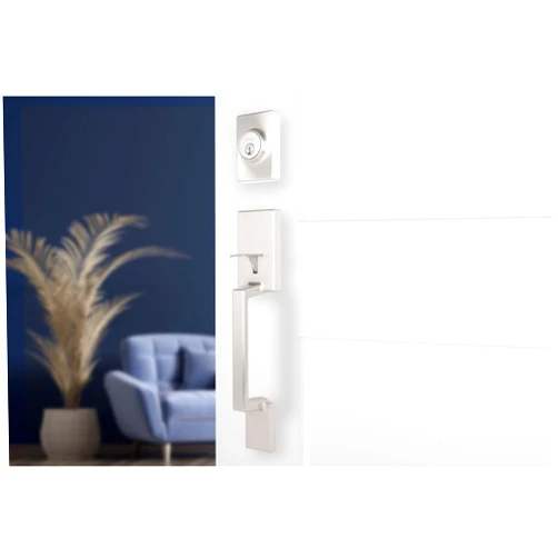 BRINKS Contemporary Keyed Entry Door Handleset with Straight Lever and Deadbolt, Satin Nickel – Modern Front Door Lock Set, Easy Install, Pick-Resistant