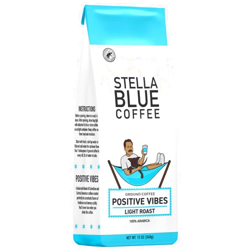 Stella Blue Fresh Ground Coffee - Positive Vibes Blend - 100% Arabica LIGHT Roast - Ethically & Sustainably Sourced from Central America - Helps Support PAWS Chicago - 12 ounce Bag