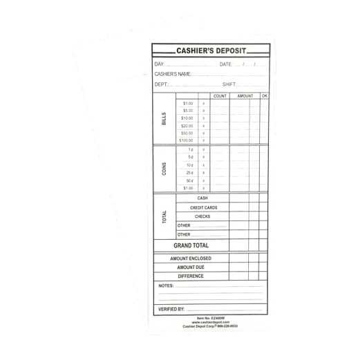 CASHIER DEPOT YOUR ONE STOP SHOP FOR ALL CASHIER'S NEEDS 500 Cashier Depot - Cashier's Report Envelopes EZ400W, 4 1/8 x 9 1/2 Inch, White 24lb Paper, Gum Flap Closure, Cash Drop for Business Deposits, 500 Count