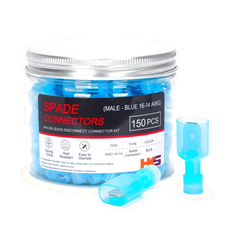HKS 150PCS Nylon Male Spade Quick Disconnect Connector - Blue 16-14 AWG Electrical Wire Connectors Kit - Tinned Copper - Cold-Pressed Wire Terminal Automotive Marine Crimp Insulated