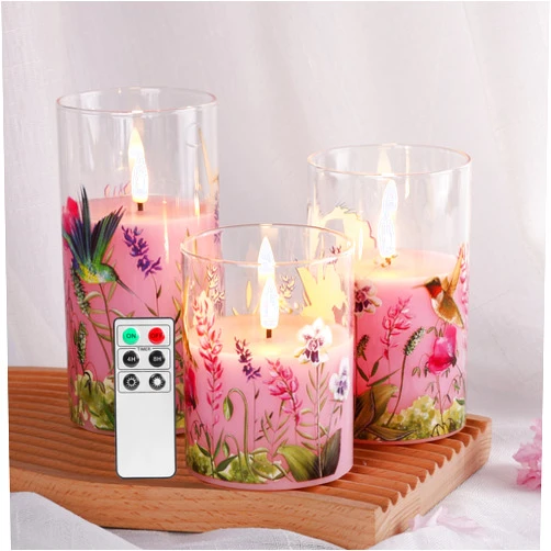 Eywamage Pink Hummingbird Glass Flameless Candles with Remote, Flickering Battery Floral LED Pillar Candles Set of 3