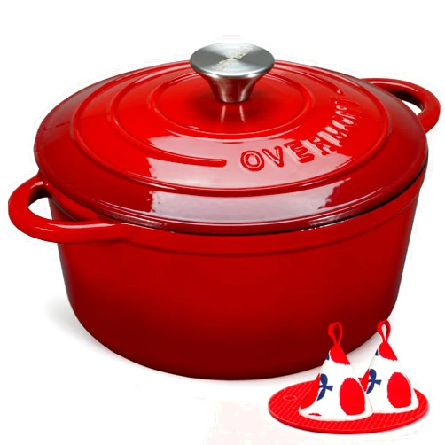 Overmont 5.5QT Enameled Cast Iron Dutch Oven with Lid Cookbook Heavy-Duty Casserole with Dual handles for Braising, Stews, Roasting, Sourdough Baking