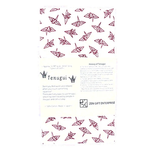 ZEN GIFT ENTERPRISE Japanese Towel Tenugui with Fray Prevention Processing, Traditional, Symbol of Longevity and Peace Orizuru Pattern, Dark Red on White, 12.99 x 34.64 in, Made in Japan