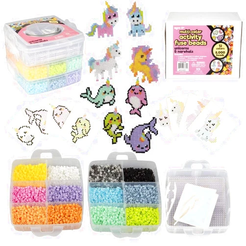 SCS Direct 8,000pc Fuse Bead Unicorn Super Kit for Girls Gift-12 Colors, 8 Animal Templates, 4 Peg Boards, Tweezers, Ironing Paper, Case-Works w Perler, Art Craft Project, Kids Birthday Party Craft