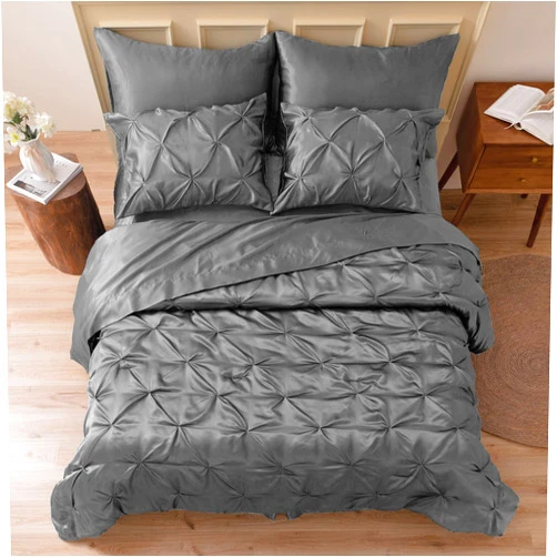 MR&HM Satin Comforter Queen 7 Pieces - Luxurious Pinch Pleat Bedding Set with Comforter, Flat Sheet, Fitted Sheet, Pillowcases & Shams, Super Silky Soft Bed Set for All Season (Queen, Dark Grey)
