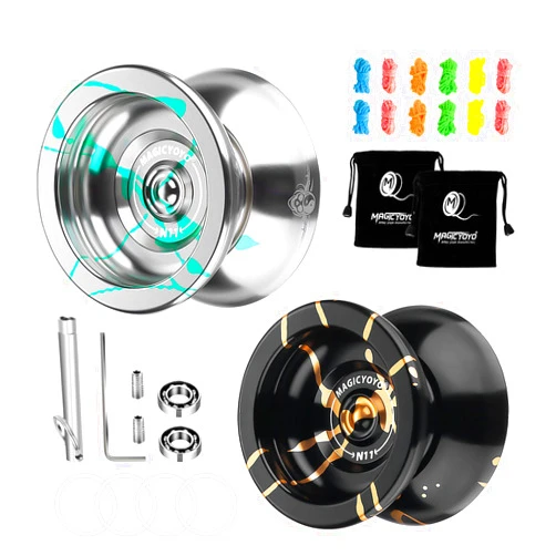 MAGICYOYO N11 Professional Unresponsive Alloy Aluminum YoYo Ball with 2 Bags + 12 Strings, Responsive Bearings Kit (Silver Green + Black Golden)