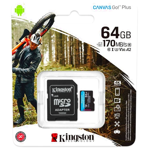 Kingston 64GB microSDXC Canvas Go Plus 170MB/s Read UHS-I, C10, U3, V30, A2/A1 Memory Card + Adapter (SDCG3/64GBCR)