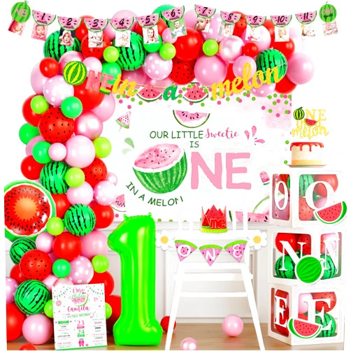 Hombae One In A Melon Party Decorations, Watermelon 1st Birthday Party Decorations Balloon Garland Highchair Photo Banner Box Crown Poster One Little Sweetie Is One In a Melon Pink Green Red