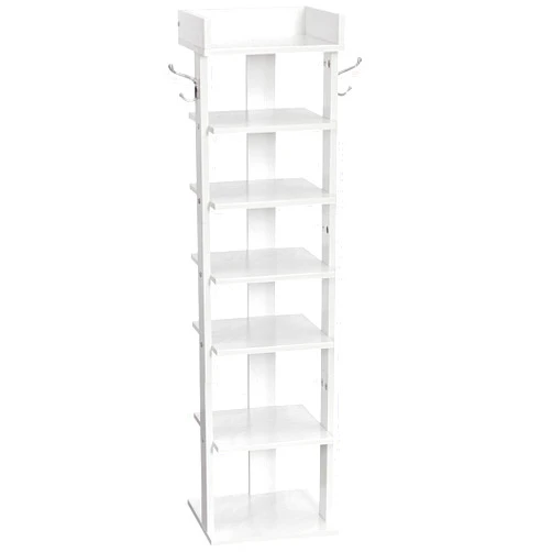 HOOBRO Vertical Shoe Rack for Front Door Entryway, 7 Tier Wooden Shoe Storage Organizer with Hooks, Narrow Shoe Tower for 7 Pairs, Space Saving, for Corner, Closet, Bedroom, White WT61XJ01