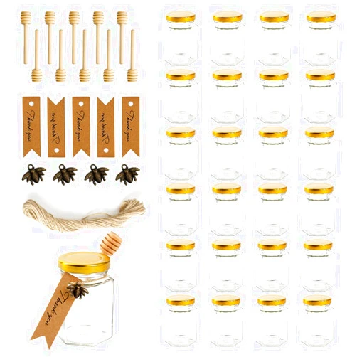 Rormket 12 Pack 4oz Glass Hexagon Honey Jars Golden Lids - Extra Wooden Honey Dipper Sticks, Bee Charms, Tag String, Thank You Gift Tags, Wedding Favors Gifts, Baby Shower Party Canning Jar(Bronze)