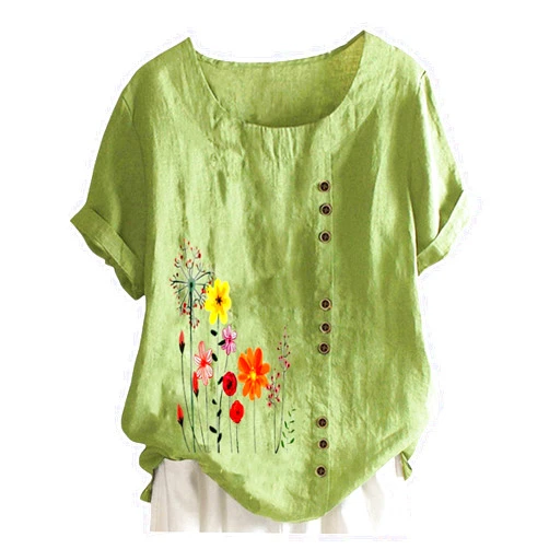 Masbird Summer Tops for Women 2024 Trendy Crewneck Short Sleeve Blouse Floral Graphic Button Down Shirts Casual Linen Tee