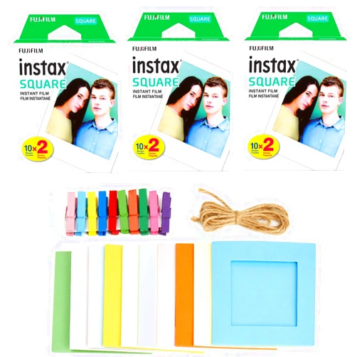 Fujifilm 3X Fujifilm Instax Square Instant Film (60 Exposures) + Hanging Photo Frames for Square Film Assorted Colors – Deluxe Accessory Bundle