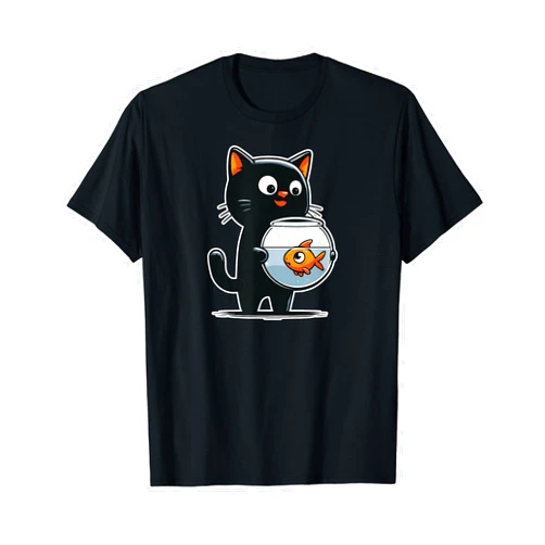Purrfectly Fun Cat Staring Down at Fish in Fishbowl Graphic T-Shirt