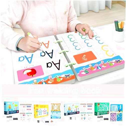 Gsdxz Magical Tracing Workbook for 3 Year Olds,Magical Tracing Workbook Reusable Calligraphy Copybook Practice Drawing Book for Kids Children Learning Toys (64 Pages Stroke LINE)