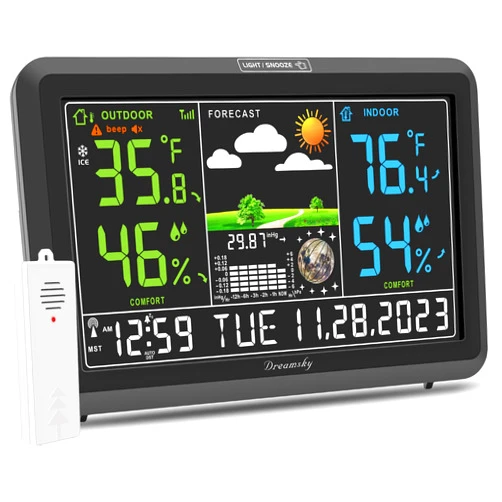 DreamSky Weather Station Indoor Outdoor Thermometer Wireless with Digital Atomic Clock, Large Display with Adjustable Backlight, Inside Outside Temperature Humidity Monitor, Home Weather Thermometer