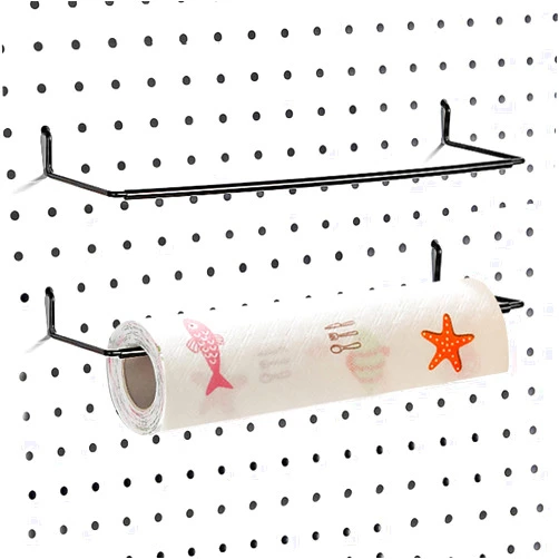 AccEncyc 2 Pack Pegboard Towel Holder Pegboard Hooks for Paper Towels, Kitchen Towels, Stickers, Tapes Great Peg Board Organizer Accessories for Workshop, Garage, Kitchen