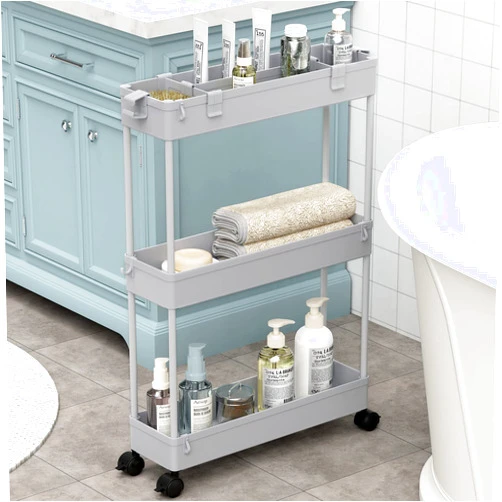 SPACELEAD Slim Storage Cart,3 Tier Bathroom Rolling Utility Cart Storage Organizer Slide Out Cart, Mobile Shelving Unit Organizer Trolley for Office Bathroom Kitchen Laundry Room Narrow Places, Grey