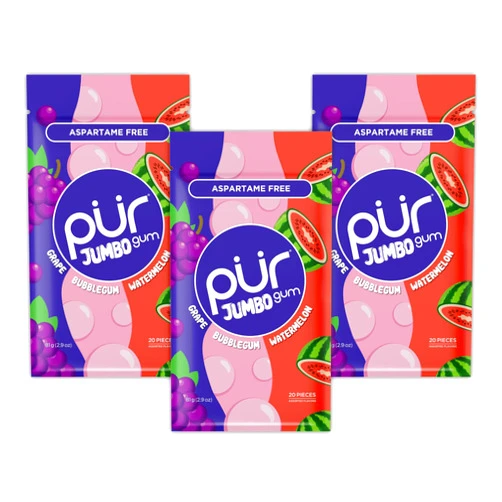 PUR Jumbo Gum | Aspartame Free Chewing Gum | 100% Xylitol | Natural Bubblegum, Grape, Watermelon Flavor, 20 Pieces (Pack of 3)